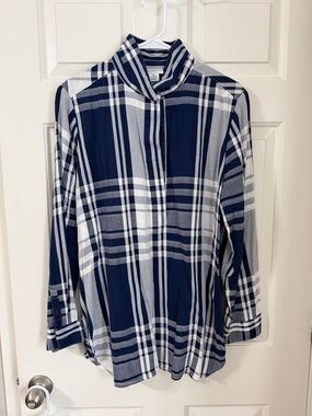 Liz Claiborne Blue & White Plaid Y Neck Long Sleeve Womens Blouse